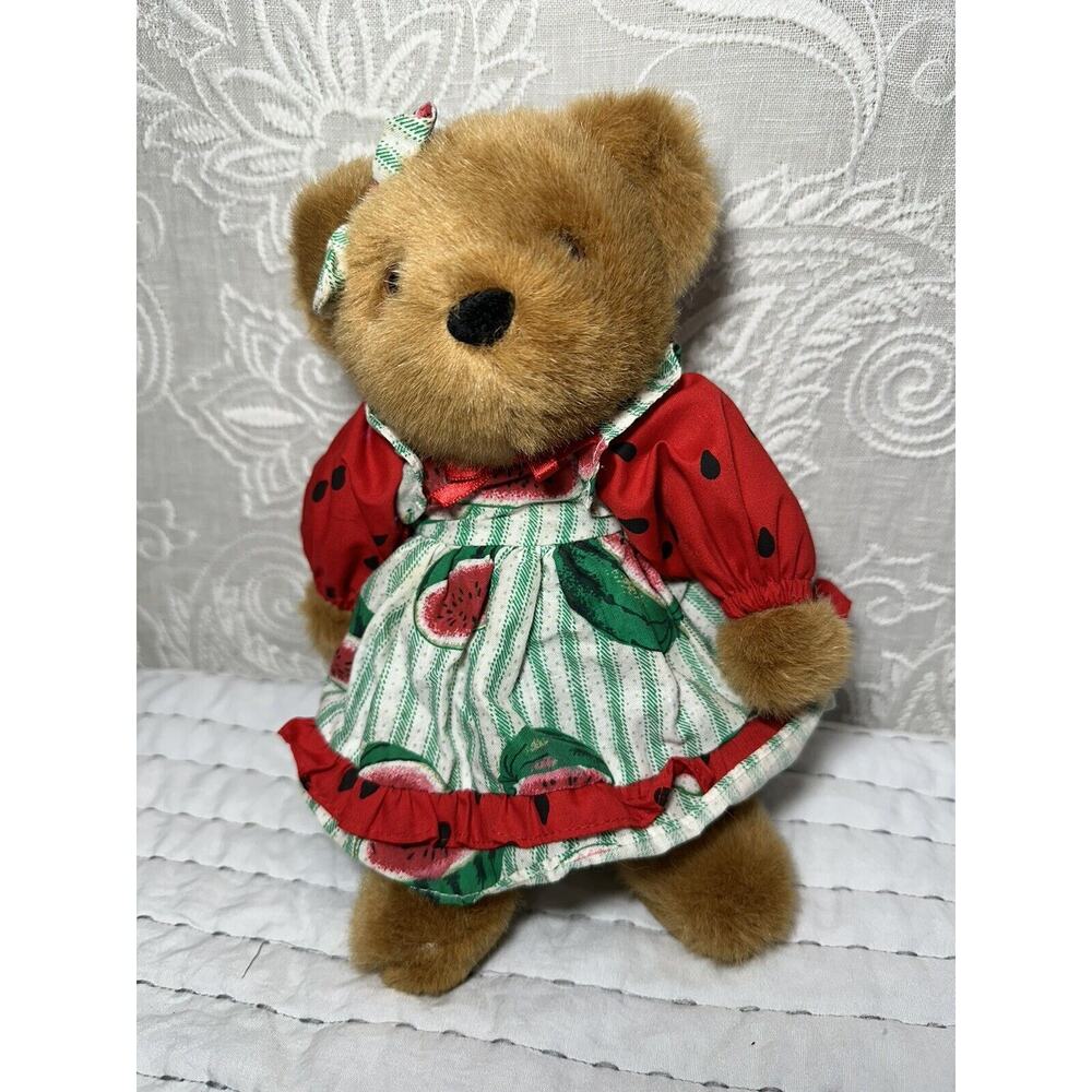 Pacifix Teddy Bear Stuffed Plush Watermelon Fruit Dress Brown 11” Bow Girl